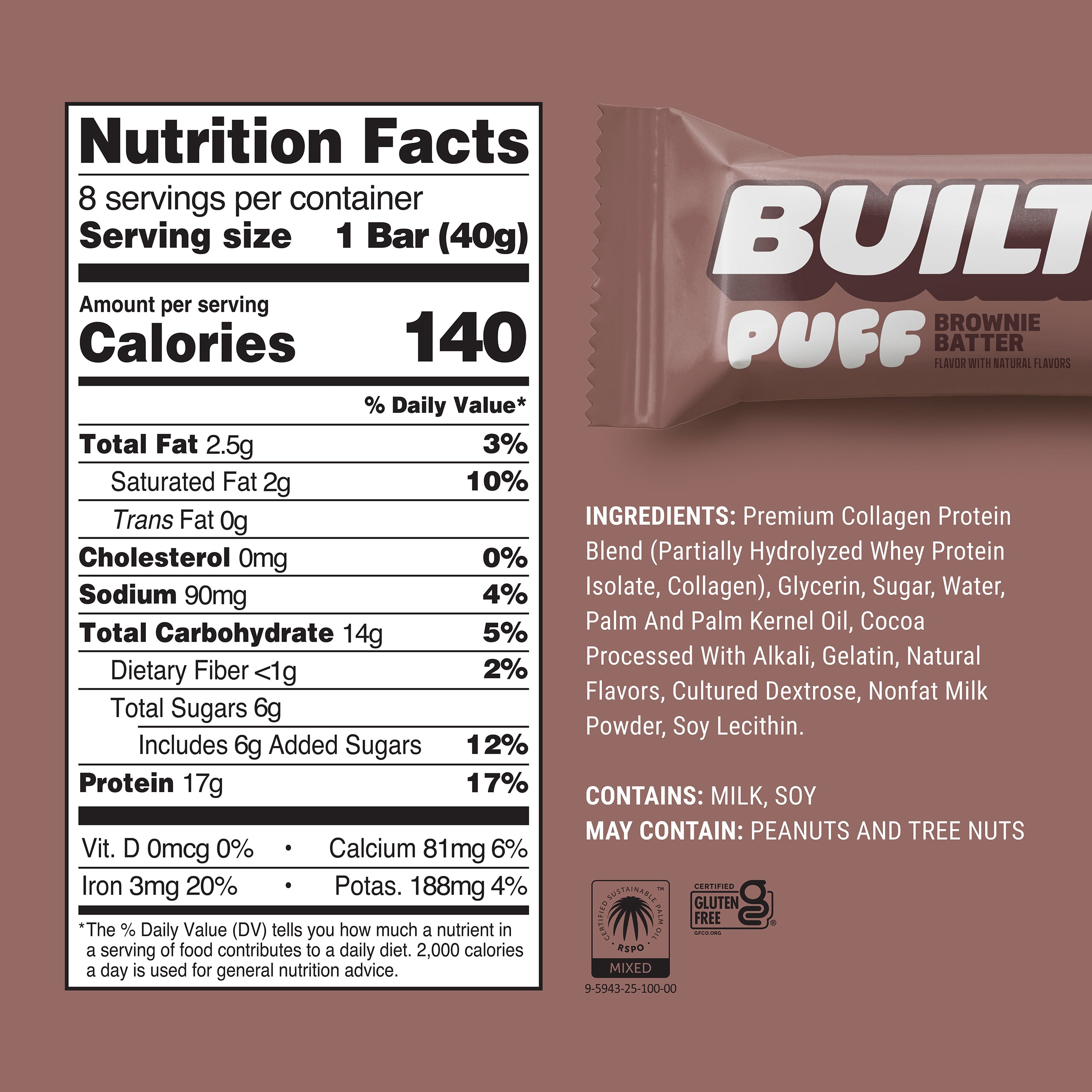 BUILT Puff Protein Bar, Brownie Batter, 17g Protein, Collagen, 140 Calories, 8 Count Box, 1.41 oz Bars