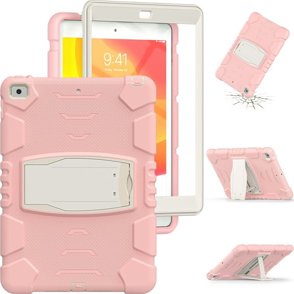 Shockproof Case for iPad 10.2 (9th/8th/7th Generation, 2021/2020/2019 Release), Kids Friendly Heavy Duty Rugged Hybrid Protective Tablet Cover with Kickstand, Pink