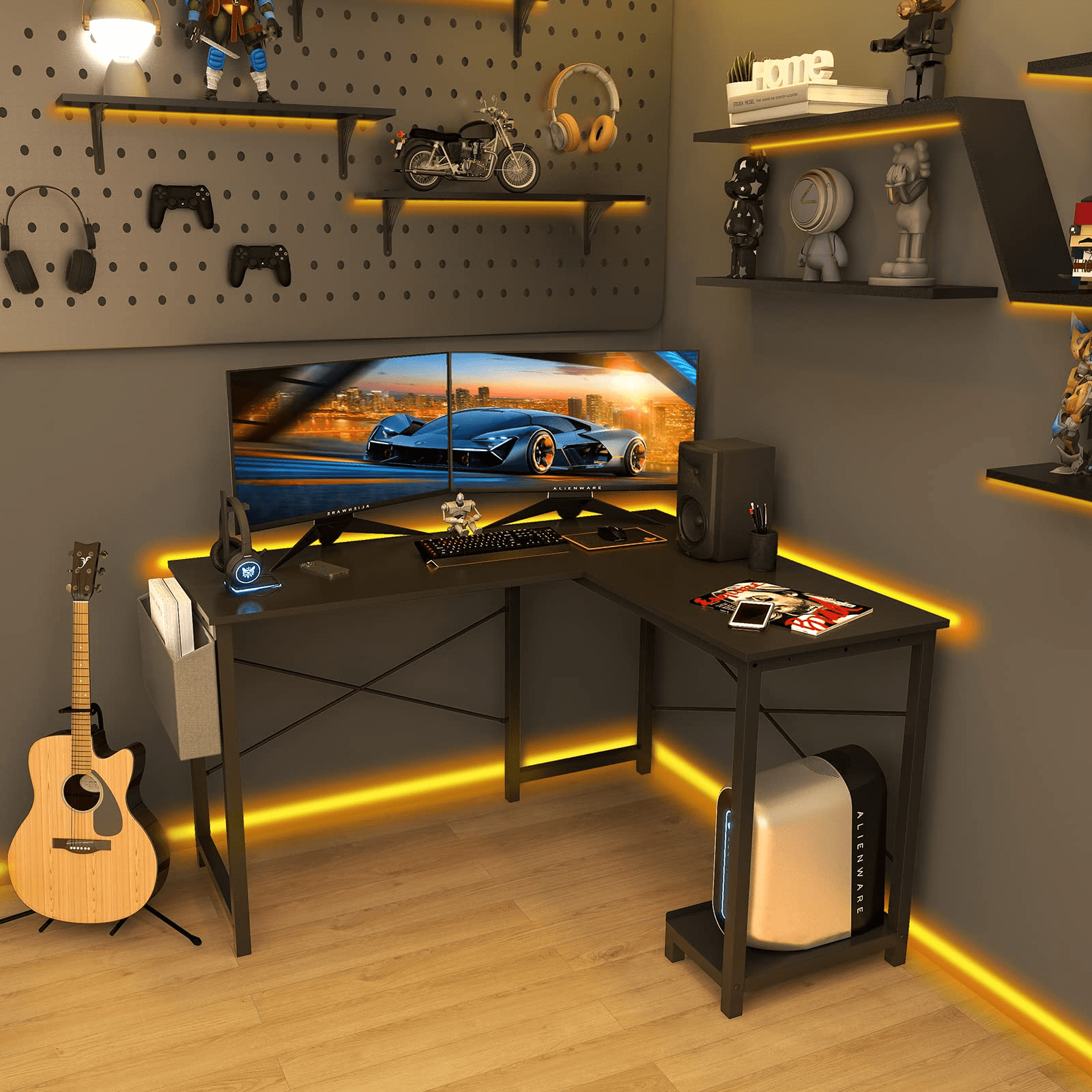 Office Desk, L Shaped Corner Computer Desk with Side Storage Bag and CPU Stand Shelf, 49 Inch, Black