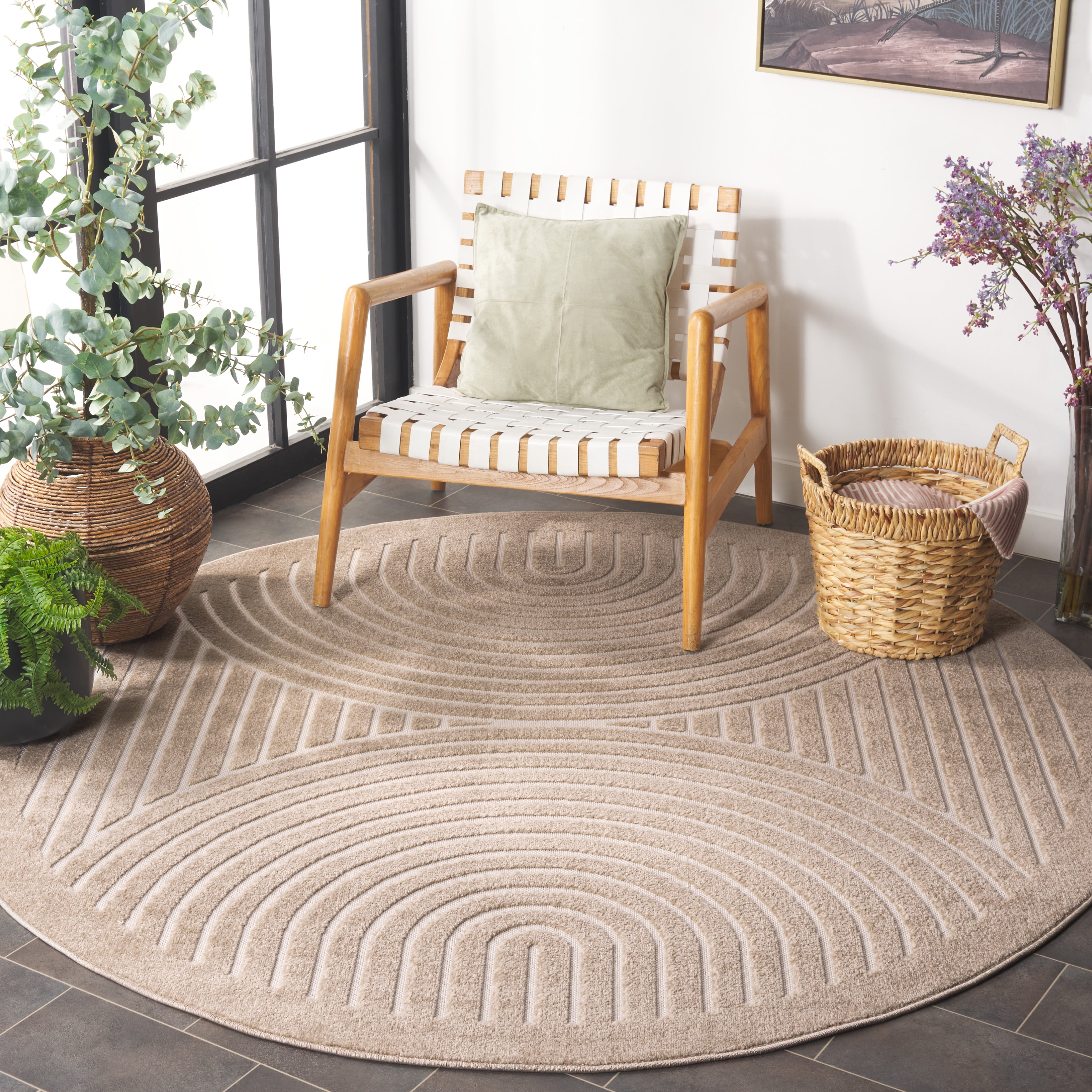 SAFAVIEH Stella Cameron Geometric Indoor/Outdoor Area Rug, Beige/Ivory, 6'7" x 6'7" Round