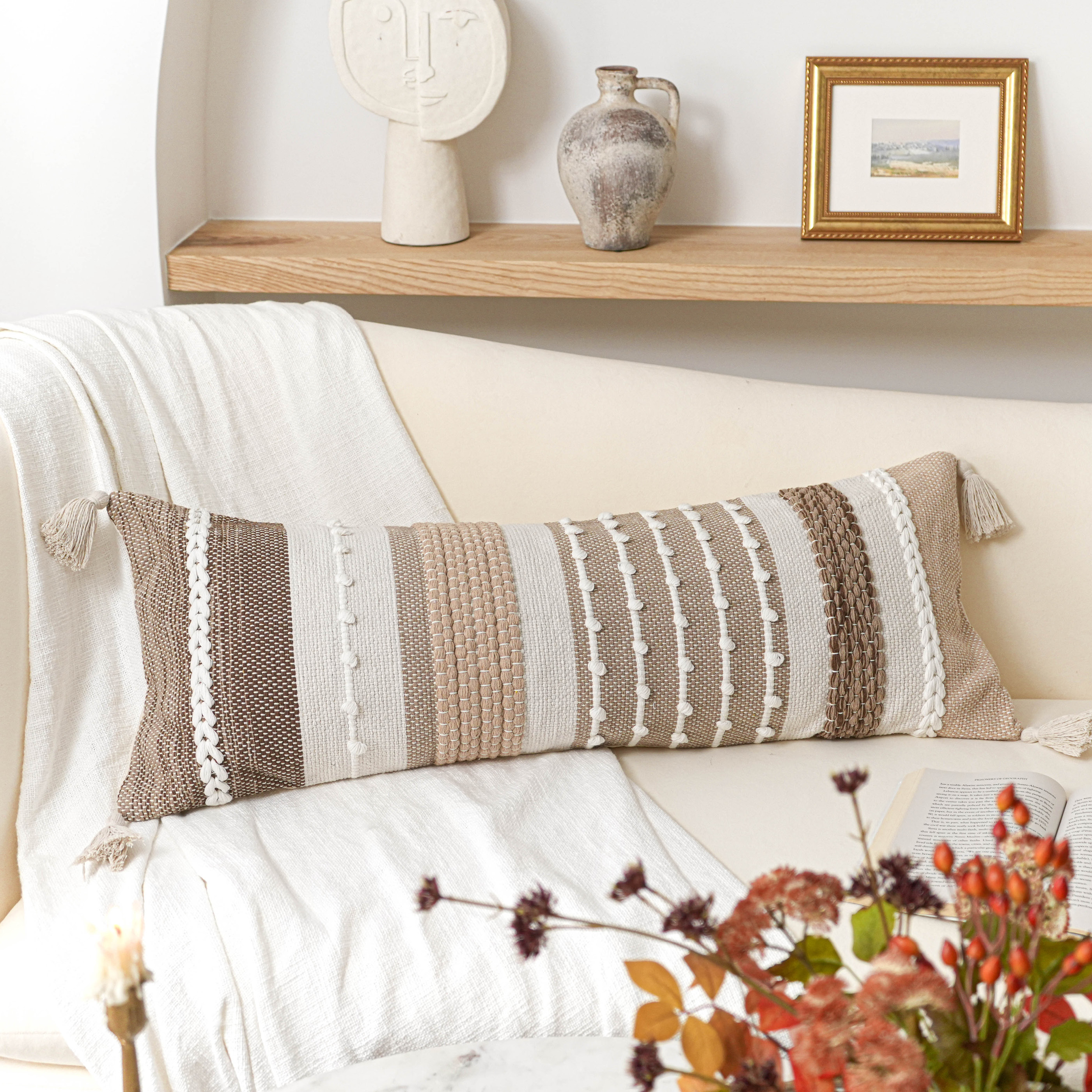 BlissBlush Brown Decorative Lumbar Pillow Cover 14x36 Boho Long Body Pillow for Bed Farmhouse Lumbar Throw Pillow for Couch Modern Accent Textured Throw Pillowcase