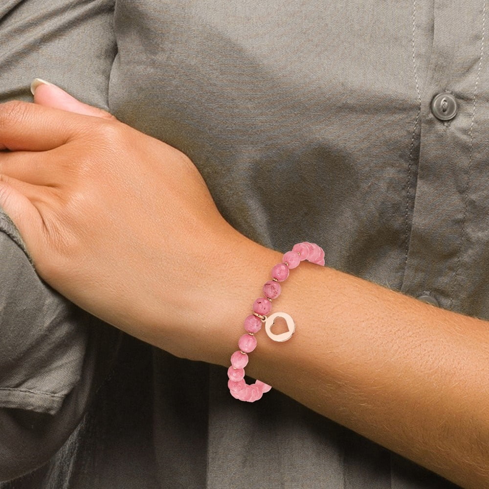 Diamond2Deal Stainless Steel Polished Rose IP-Plated Heart Pink Jade Beaded Stretch Bracelet for Women 6.5"