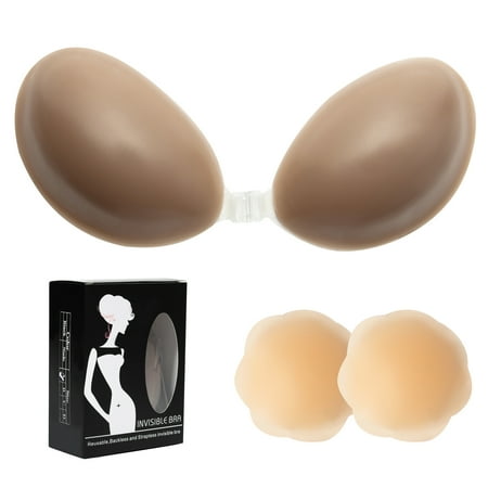 SAYFUT Women  s Strapless Invisible Bra Backless Self-Adhesive Push Up Sticky Bras With Strong Clip and Flower Nipple Covers