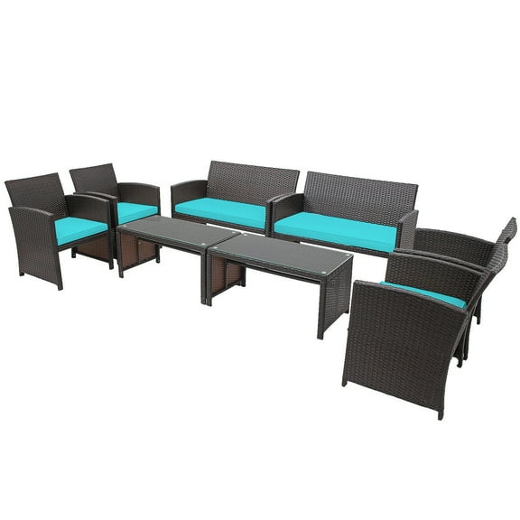 Gymax 8PCS Patio Conversation Set Outdoor Rattan Furniture Set w/ Turquoise Cushions