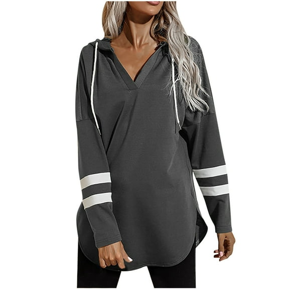 Fesfesfes Women Hooded Stitching Loose Long Sleeve Casual Hooded Sweater Blouse Clothes Sale