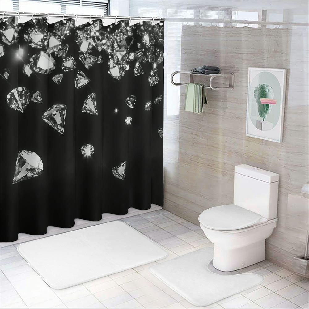 Patifu Diamonds Black White Hologram Bathroom Shower Curtain Set with Hooks 100% Polyester Fiber Washable Shower Curtain 69"x72