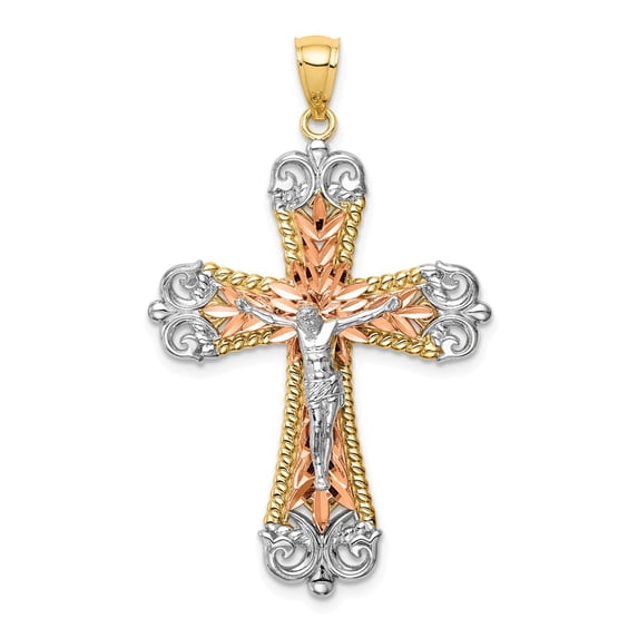 FB Jewels 14K Yellow White and Rose Three Color Gold Tri-Color with Rhodium Crucifix Pendant