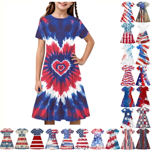 Teyfeniy Girls 4th of July Dresses Independence Day's Print Fashion Cute Midi Dress Red and White Stars Flag Patriotic Graphic Flowy Crew Neck Short Sleeve Outfits, for 4-13 Years