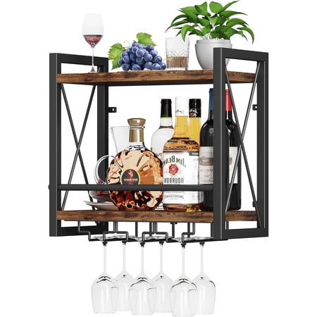 Wall Mounted Wine Rack Bottle & Glass Holder Wood-Metal Retro Wine Rack Wine Bottles Display Wall Storage for Kitchen Dining Room Home Bar
