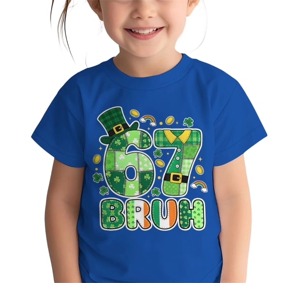 YOUYEDIAN Girls St Patricks Day Bruh 67 T-Shirt Kids Cute Funny Short Sleeve Crewneck Shirt Casual Fashion Tops (Blue, 4-5 Years)