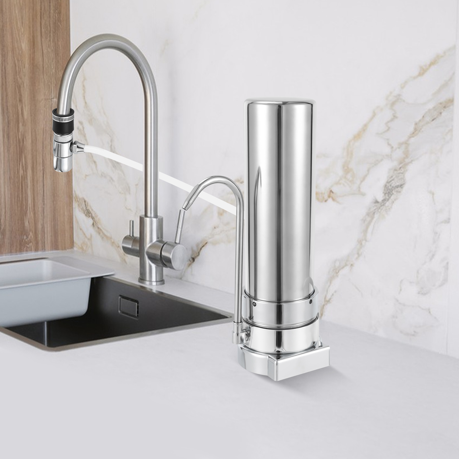 ChicHomey 304 Stainless Steel Countertop Water Filter-5μm Filtration,0.8L/min Flow,for Tap Water Filtration in Many Scenarios