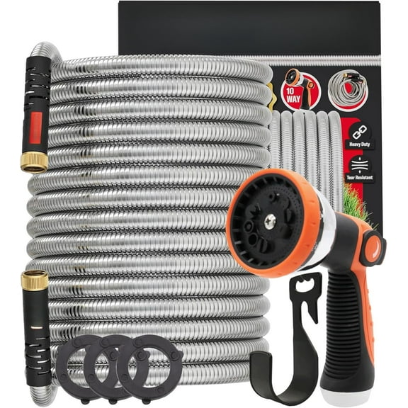 Best 50 ft Metal Garden Hose Set - No-Kink Durable 316 Stainless Steel, 10-Way Zync Spray Nozzle & Hook