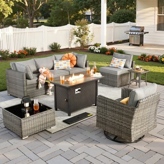 Vcatnet Outdoor Conversation Set, 8 Pieces Sectional Sofa with Fire Pit, All Weather Wicker Patio Furniture Set with Swivel Rocker Dark Gray