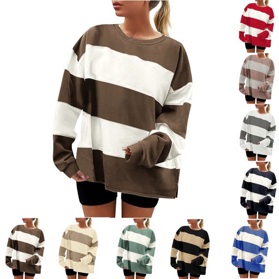 SSZMDLB Women Striped Long Sleeve Sweater Casual Loose Round Neck Knit Top Comfortable Fall Outfits Vacation Clothes, Khaki M