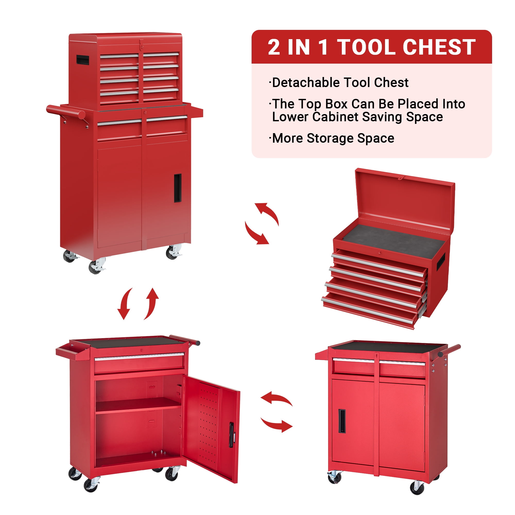 MUCHANT 5-Drawer Rolling Tool Chest, 2-in-1 Tool Box& Cabinet with Wheels, Drawers and Removable Top Tool Box for Garage, Warehouse, Workshop, Repair Shop, Red
