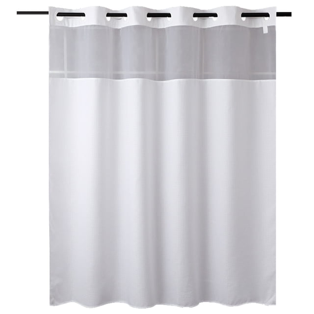 Cortina de ducha de tela estilo lino con forro reemplazable, impermeable y lavable, ventana superior de malla para luz, elegante color blanco para baño spa, 70,8" de ancho por 70,8" de largo