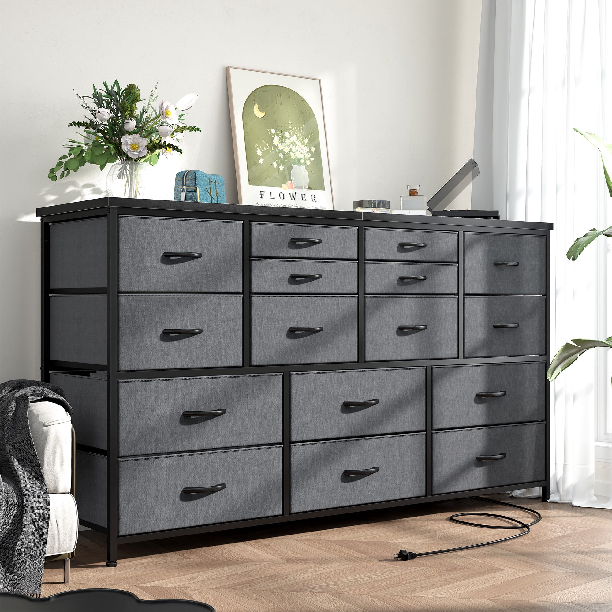 Romorgniz Dresser for Bedroom with 16 Drawers for Closet Fabric Dressers & Chests of Drawers TV Stand with Charging Station, Gray