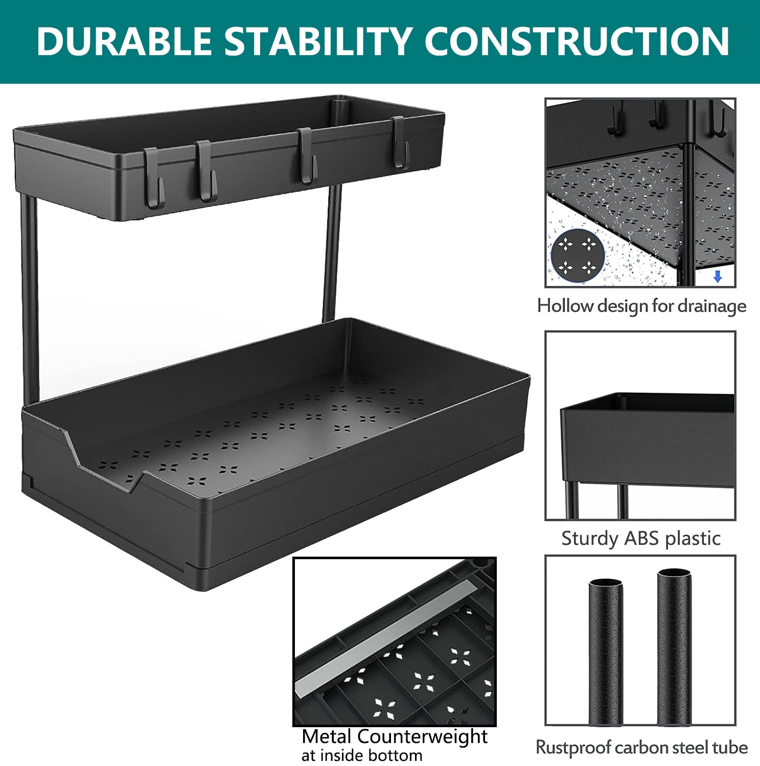 PHANCIR 2-Pack Under Sink Organizer Storage, 2 Tier L-Shape Multi-Purpose Large Capacity Kitchen Under Sink Organizers for Narrow Space Easy Access Sliding Storage Drawer with Hooks for Bathroom
