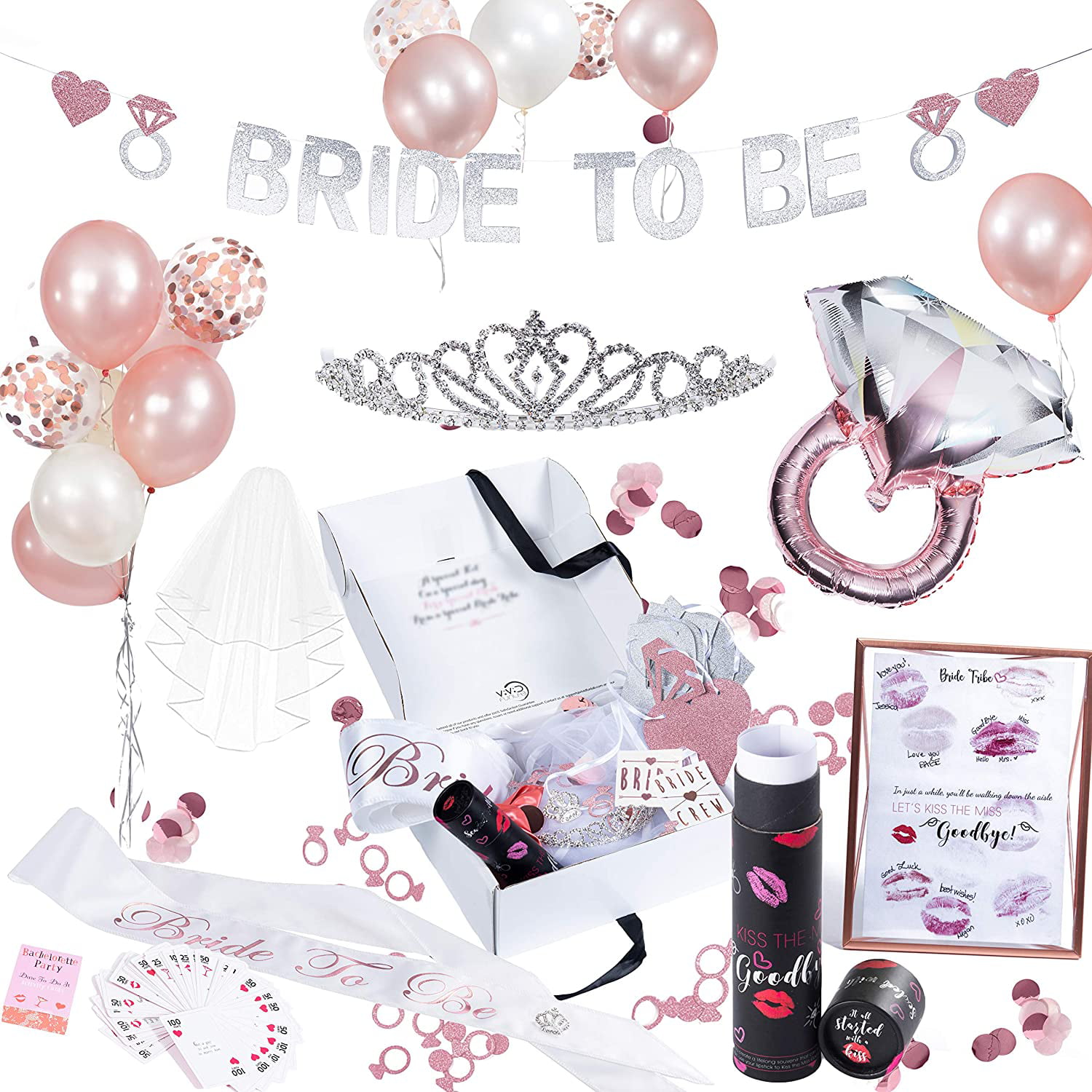 Bachelorette Party Kit Tiara Veil Hot Pink Bride-to-Be Sash Card Game 