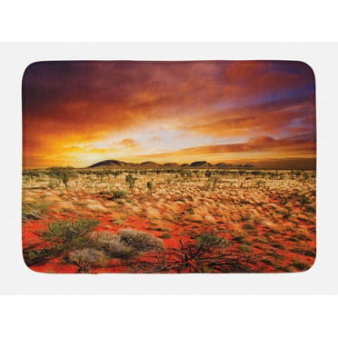 Desert Bath Mat, Sunset over Central Australian Landscape Dreamy Dramatic Sky Scenic Nature, Non-Slip Plush Mat Bathroom Kitchen Laundry Room Decor, 29.5 X 17.5 Inches, Orange Yellow Coral, Ambesonne