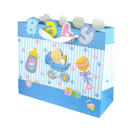Glittered Baby Items Baby Shower Paper Gift Bags Blue 10 Inch