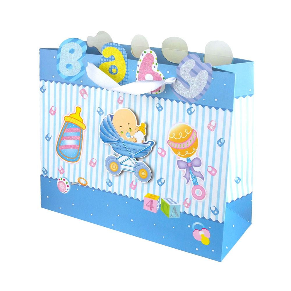 Glittered Baby Items Baby Shower Paper Gift Bags, Blue, 10Inch