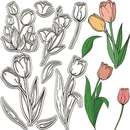 Tulips Background Clear Rubber Stamps Flower Leaves Vintage Transparent Silicone Seals Stamp Flowers for DIY Crafting Scrapbooking Journaling Card Making Photo Album Decoration Supplies DIY