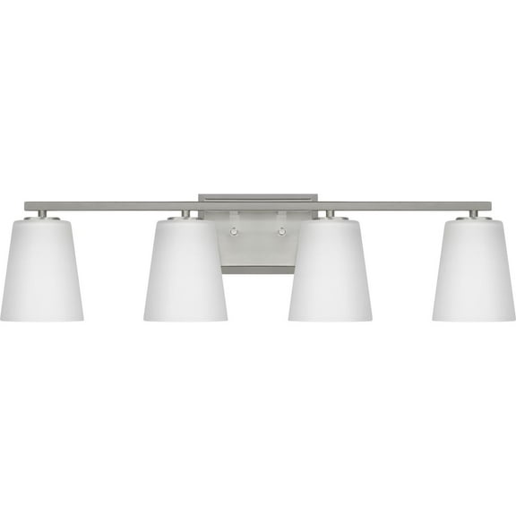 Vertex Collection Four-Light Brushed Nickel Etched White Glass Contemporary Bath Light