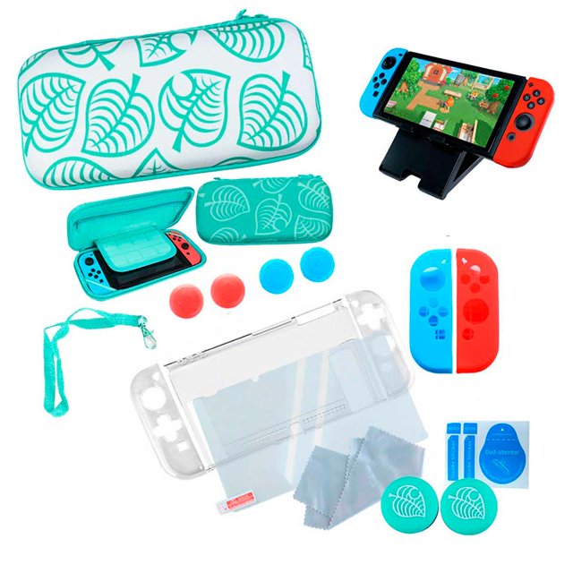 Estuche Protector Kit Accesorios Nintendo Switch Animal Crossinmg Hojas Cracken Esports Verde