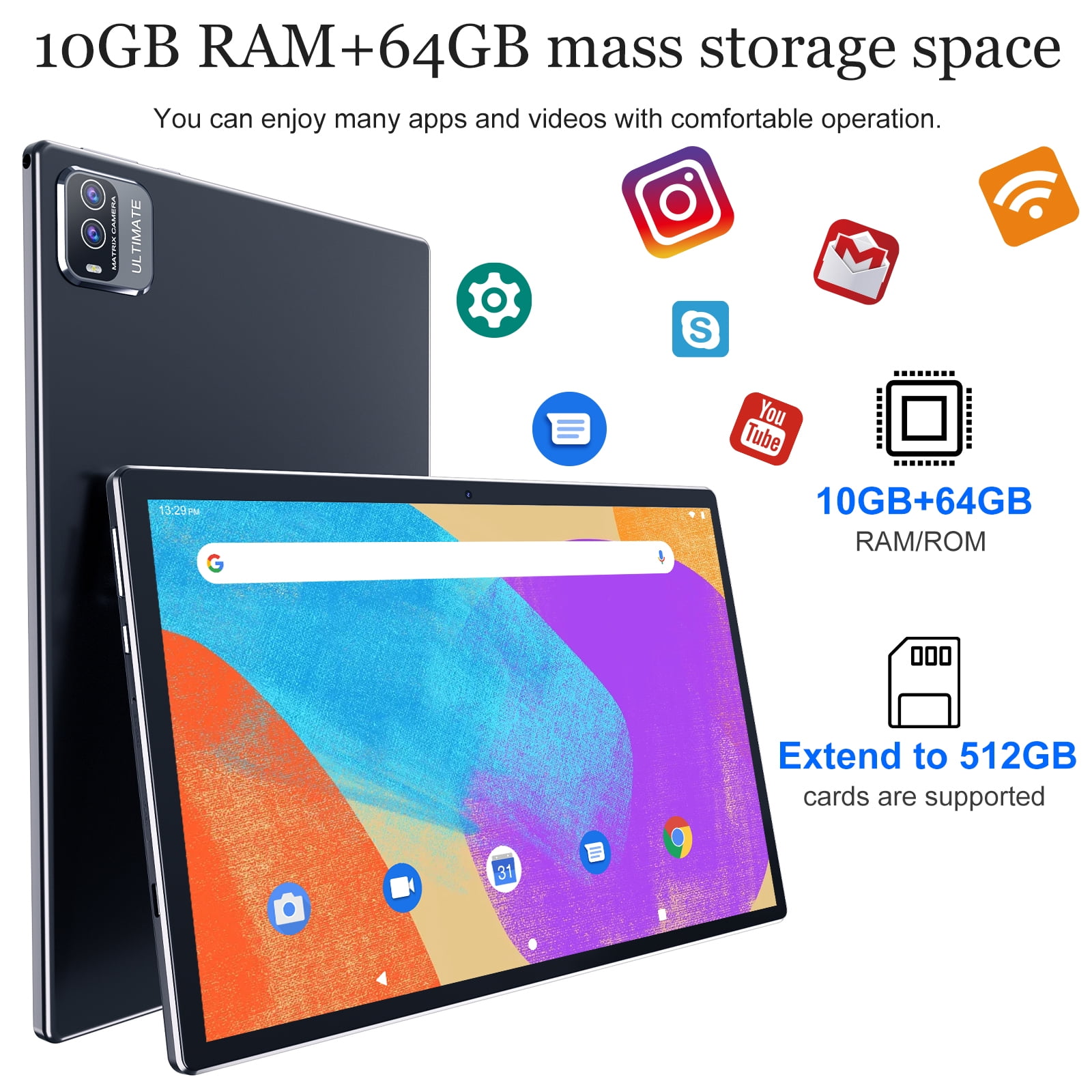 Android 13 Tablet 10 inch Tablets with Keyboard, 10GB RAM 64GB ROM Quad Core Tablet PC, 2 in 1 Tablet include Case Mouse Stylus Film, WiFi, Bluetooth, 6000mAh Battery, HD Screen, GMS Certified, Black