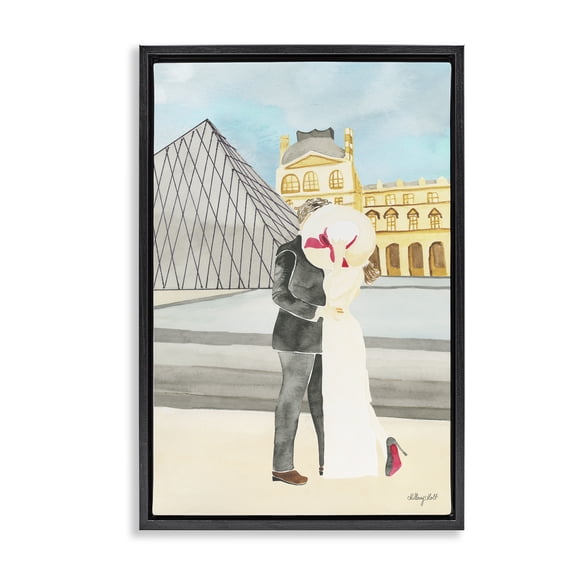 Stupell Industries Couple Embrace At The Louvre Black Framed Floater Canvas Wall Art, design by Hillary Holt
