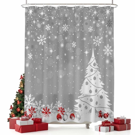 nqOlkjepod Grey Christmas Tree Shower Curtain, Waterproof Shower Curtains for Bathroom, Xmas Tree Snowflake Red Balls Washable Fabric Bathtub Curtain Set Bath Decor with 12 Hooks Stall 36"x72"