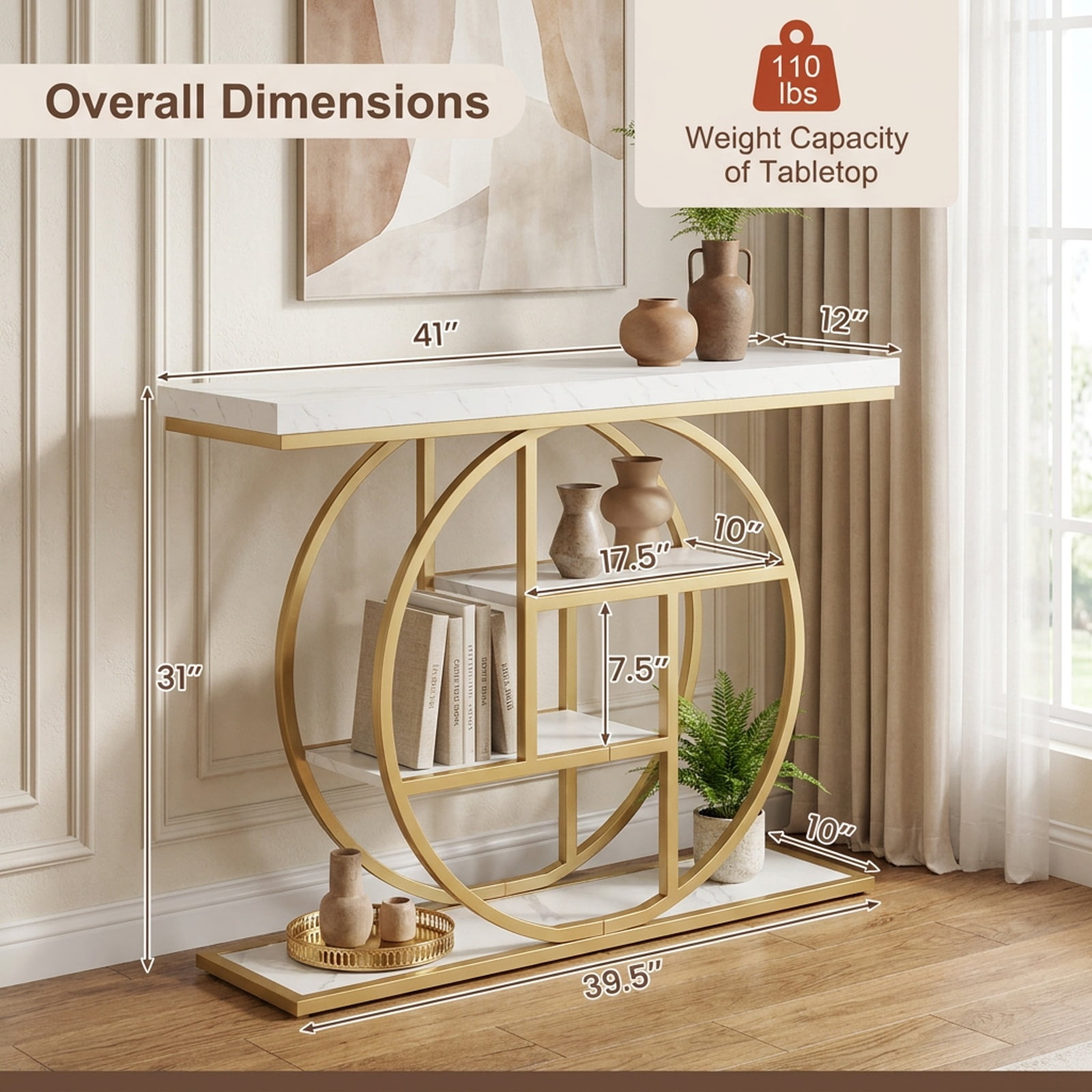 Furnibear 41 Inch 4-Tier Console Table with Storage Shelves and O-Shaped Metal Frame for Entryway Hallway Living Room and Behind Sofa, White