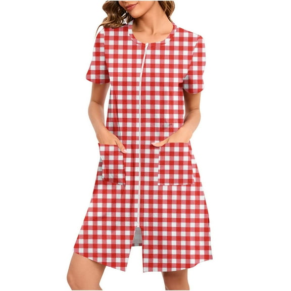 Dasayo Short Sleeve Nightgowns for Women Chemise Zipper Red Sleep Shirt Hospital Plaid Nightgown Womens Sleepwear L