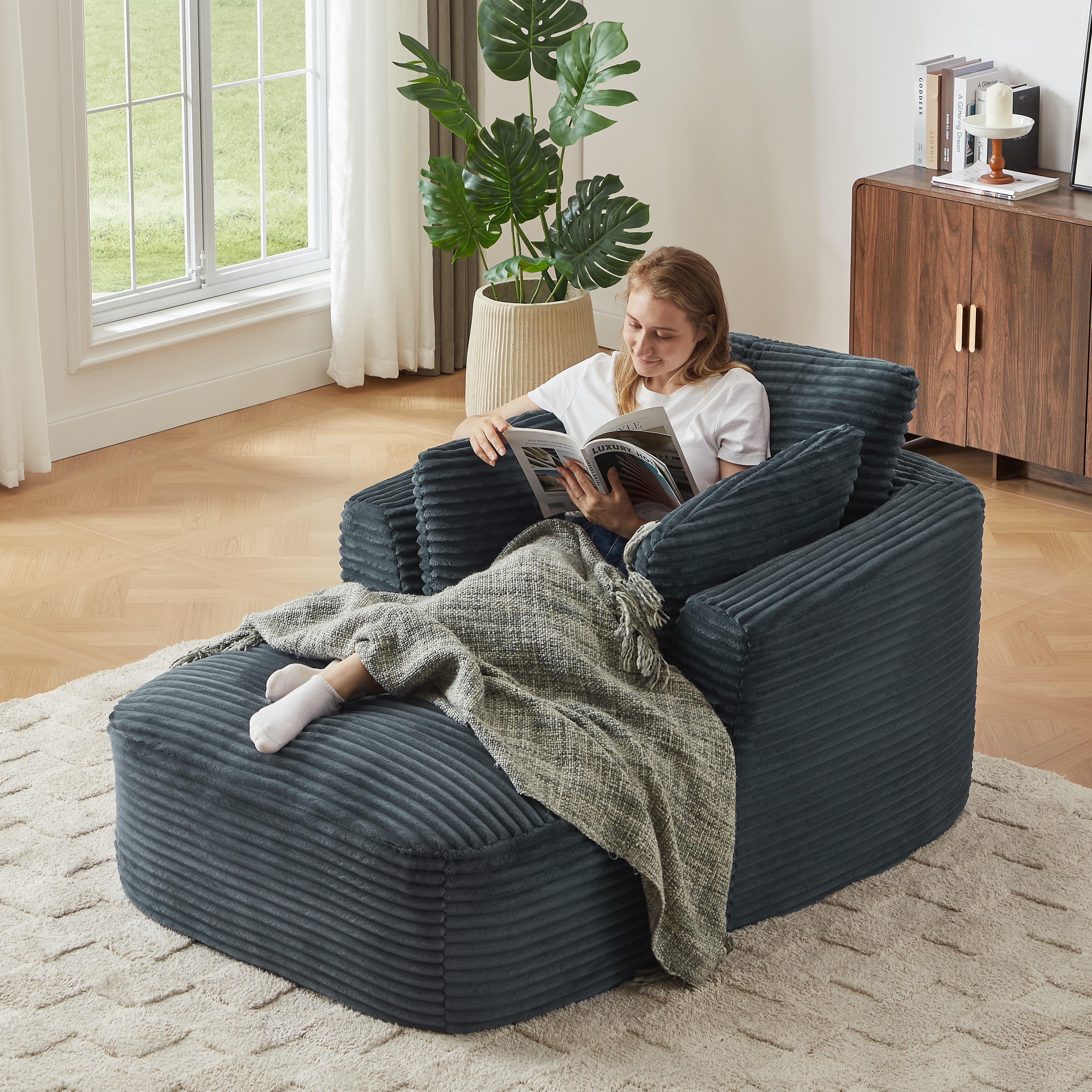 MAYEERTY Oversized Corduroy Chaise Lounge Sofa, Modern Couch with Spring Cushion for Apartment, 45*65*36"Dark Grey