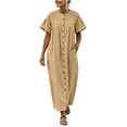 thumbnail image 2 of ClodeEU Women's Crew Neck Short Sleeve Maxi Dress with Pockets,Casual Loose Summer Vacation Dress Khaki,Women's Plus XXL, 2 of 7
