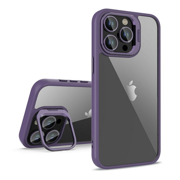 Feishell Clear Back Case for iPhone 14, Built-in Camera Lens Protector, Shockproof Transparent Metal Lens Kickstand Slim Lightweight Phone Case for iPhone 14, Purple