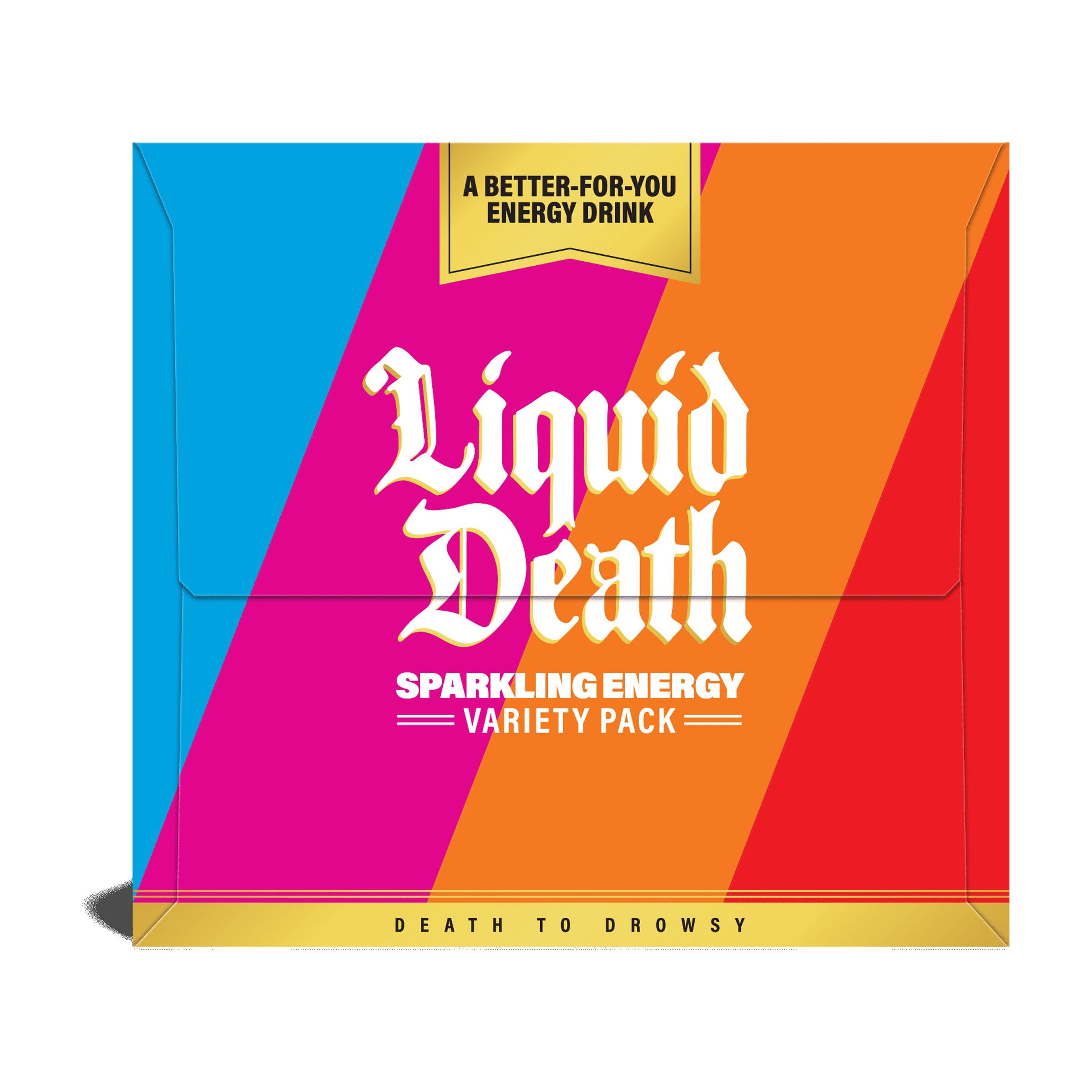Liquid Death Sparkling Energy Variety Pack, Zero Sugar Energy Drink, Unextreme Caffeine 100mg, Essential Vitamins, 4 Flavors: Strawberry, Tropical, Orange, and Murder Mystery, 12 fl oz (Pack of 12)