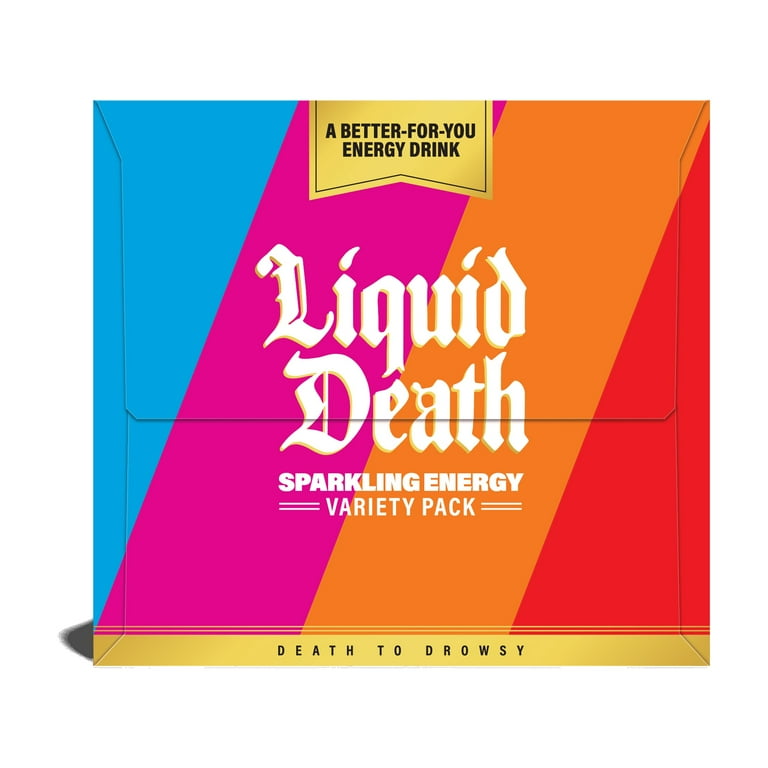 Liquid Death Sparkling Energy Variety Pack, Zero Sugar Energy Drink,  Unextreme Caffeine 100mg, Essential Vitamins, 4 Flavors: Strawberry,  Tropical, Orange, and Murder Mystery, 12 fl oz (Pack of 12) - Walmart.com