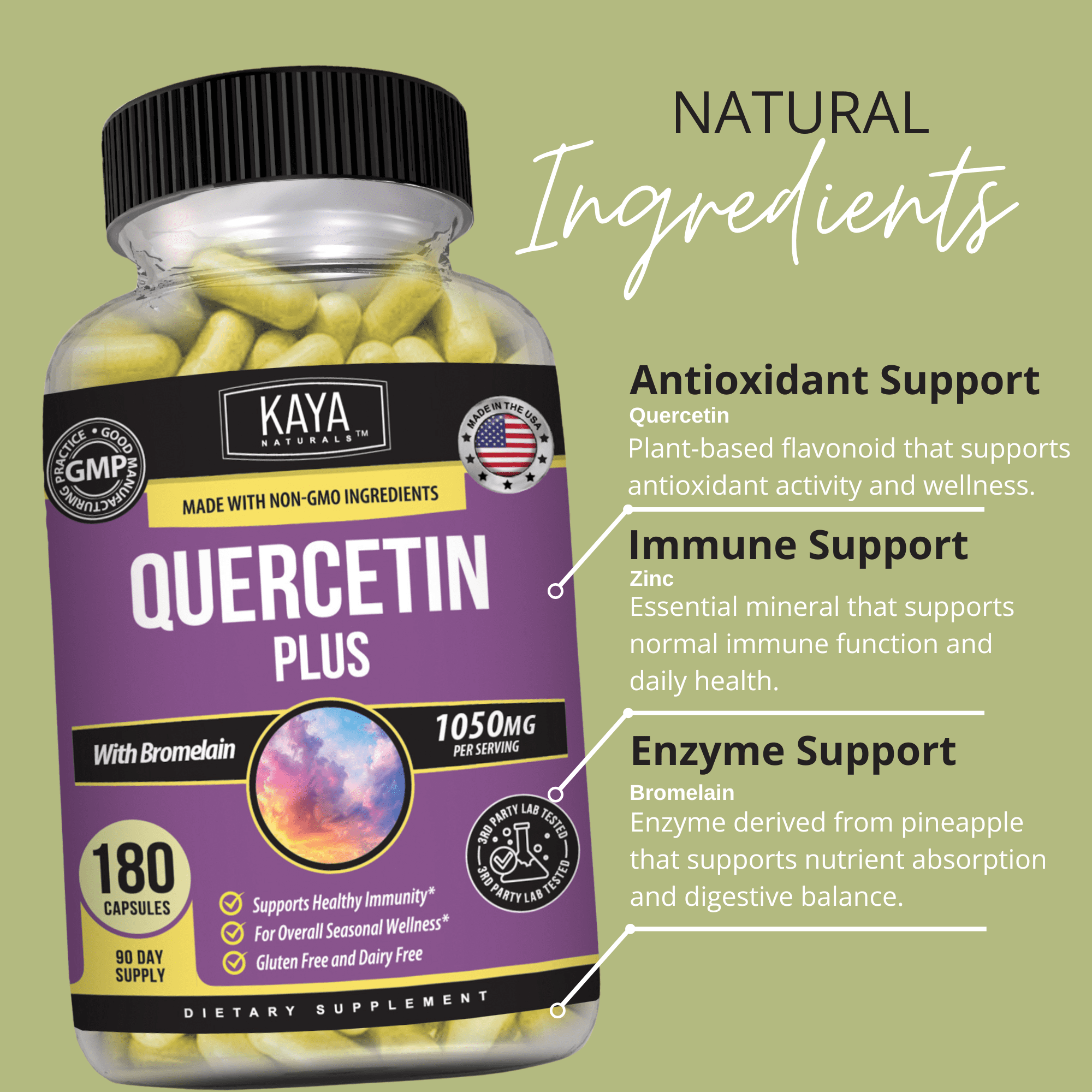 Kaya Naturals Quercetin with Zinc & Bromelain Capsules for Daily Wellness – 180 Count