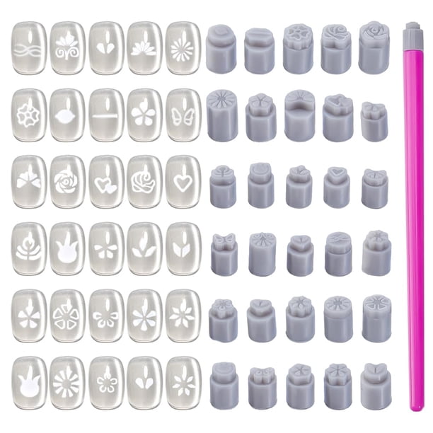Juego de 30 sellos de silicona para decoración de uñas con formas variadas y 1 bolígrafo con diseño de flor, mariposa y corazón.