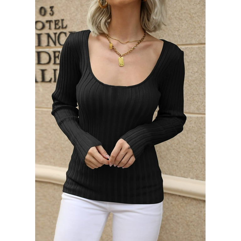 Sherrylily Women Sexy Sweaters Low Cut Scoop Neck Bodycon Long Sleeve  Pullover Tops