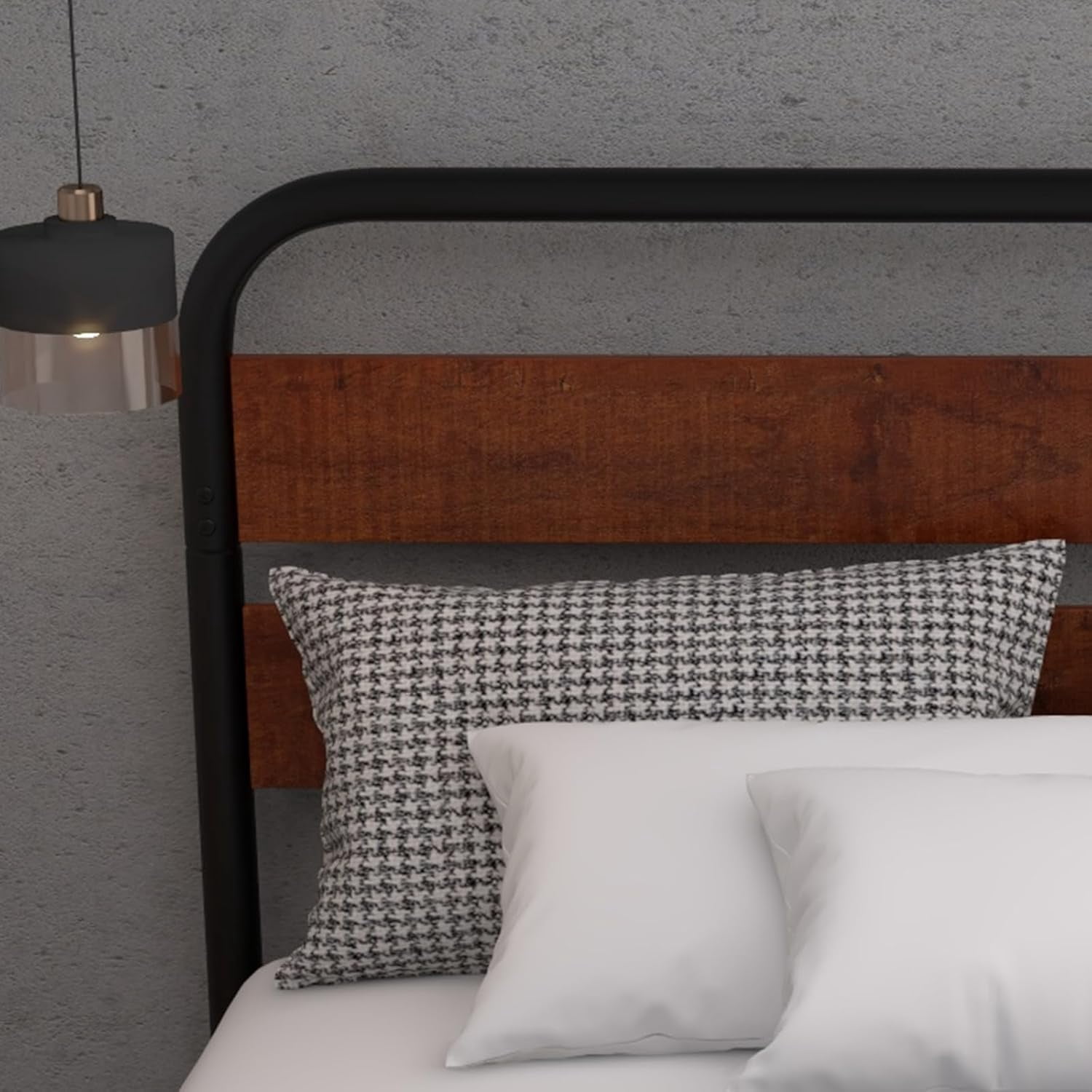 NEILA Sturdy King Size Bed Frame with Wooden Headboard and Metal Mattress Foundation, Spacious Under-Bed Storage, No Box Spring Required, Easy Assembly in Elegant Brown Finish