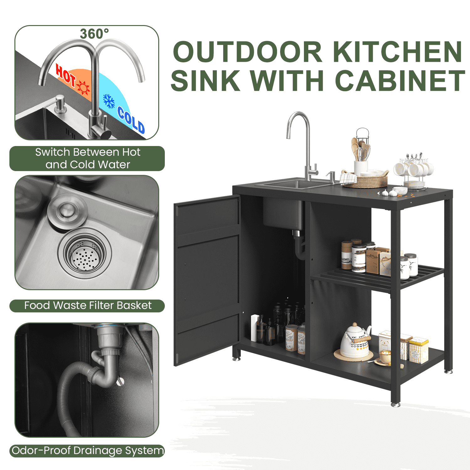 Richryce 5-Piece L Shaped Outdoor Kitchen Island with Sink, Large Storage Cabinet & Shelf, Pull-Out Trash Drawer and Grill Stand for Deck, Patio
