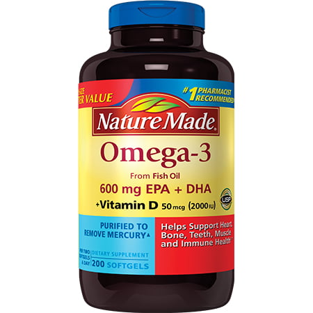 Nature Made Omega-3 from Fish Oil 720 mg + Vitamin D 50 mcg (2000 IU) Softgels, 200 Count for Heart