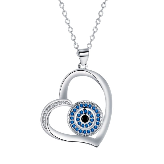 Evil Eye Heart Necklace for Women, white gold plated Protection Pendant with Blue Cubic Zirconia, Love Heart Amulet Jewelry Gift for Her