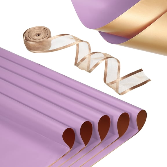 Uxcell 20 Sheets Flower Wrapping Paper with Ribbon 22.8" x 22.8" Light Purple/Gold Tone
