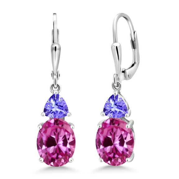 Gem Stone King 925 Sterling Silver Pink Created Sapphire and Blue Tanzanite Dangle Earrings for Women (7.30 Cttw, Gemstone September Birthstone, Oval 10X8MM, Trillion 5MM)
