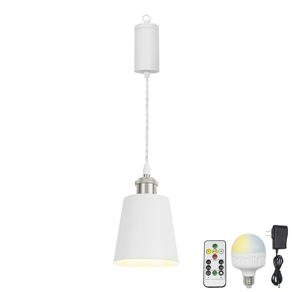KAYYELAMP Remote Dimmable Rechargeable Battery 3.2Ft Adjusted Cord Hanging Light Bright Nickel Base White Metal Barrel Lampshade Vintage Design for Home Kitchen Bedside