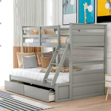 Wood Twin Over Full Bunk Bed with Storage Drawers and Safety Guardrail, Solid Wooden Bedframe for Teens, Gray